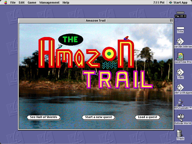 Screenshot of The Amazon Trail (MECC, 1996) running on an emulated Power Macintosh 9500