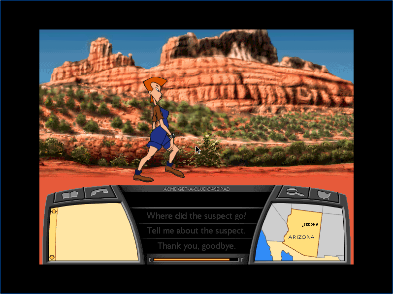 Screenshot of Where in the USA is Carmen Sandiego? (Brøderbund, 1996) running on an emulated Power Macintosh 9500