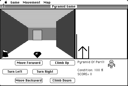 Screenshot of Pyramid of Peril (Aegis Development, 1985) running on an emulated Macintosh Plus